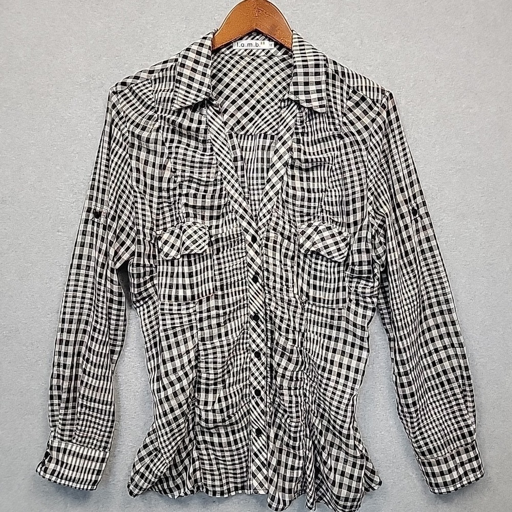 L.A.M.B. Ruched Plaid Button Front Roll Tab Blouse Shirt Pockets Womens Size 12 - Picture 2 of 13
